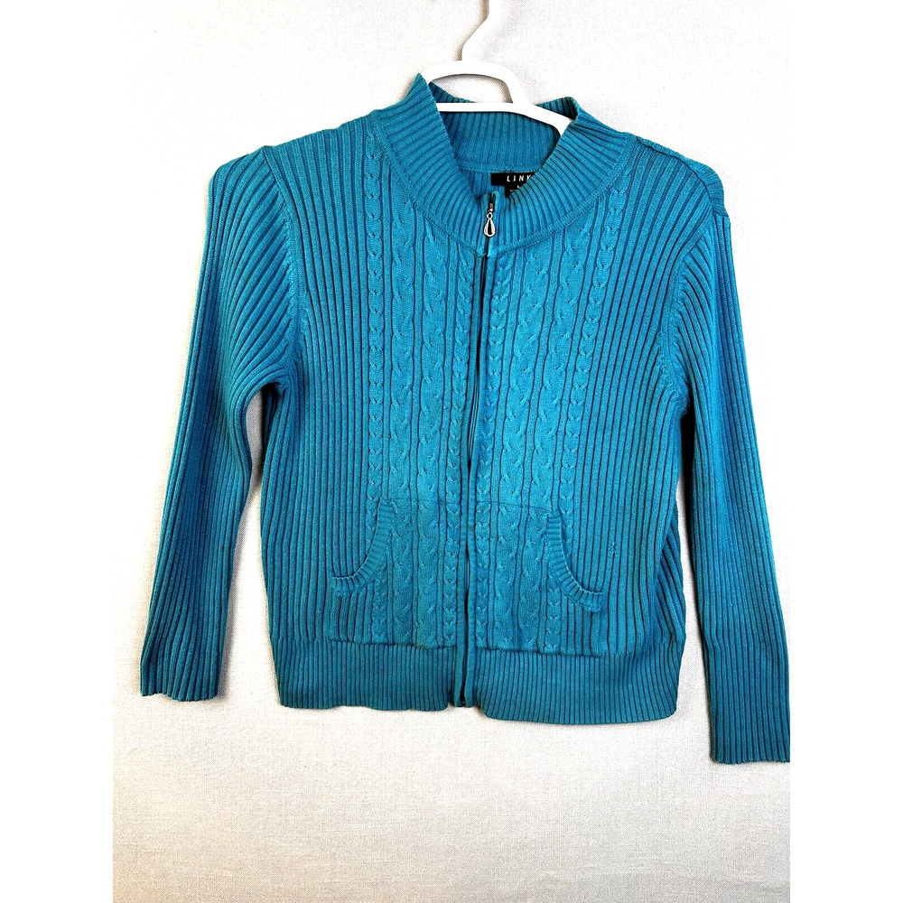 Link Zuo Front Cardigan Sweater Women's Large Blue Cotton Blend School Work